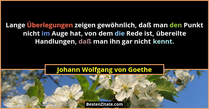 Lange Überlegungen zeigen gewöhnlich, daß man den Punkt nicht im Auge hat, von dem die Rede ist, übereilte Handlungen, da... - Johann Wolfgang von Goethe