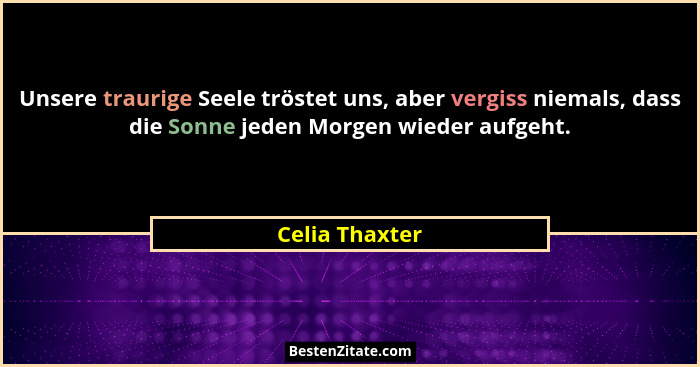 Unsere traurige Seele tröstet uns, aber vergiss niemals, dass die Sonne jeden Morgen wieder aufgeht.... - Celia Thaxter