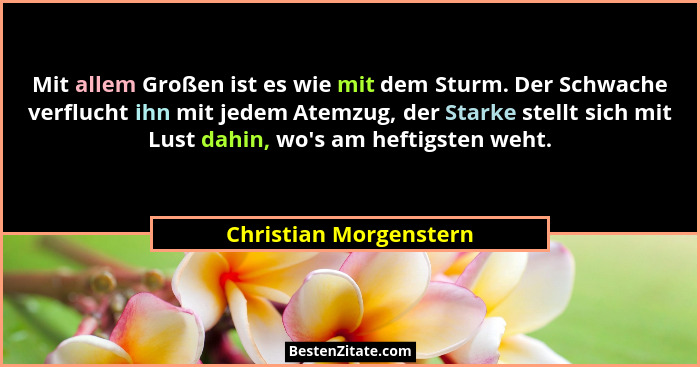 Mit allem Großen ist es wie mit dem Sturm. Der Schwache verflucht ihn mit jedem Atemzug, der Starke stellt sich mit Lust dahin... - Christian Morgenstern