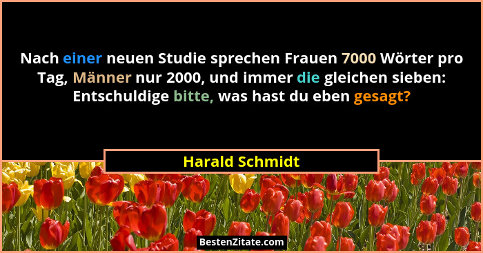 Nach einer neuen Studie sprechen Frauen 7000 Wörter pro Tag, Männer nur 2000, und immer die gleichen sieben: Entschuldige bitte, was... - Harald Schmidt