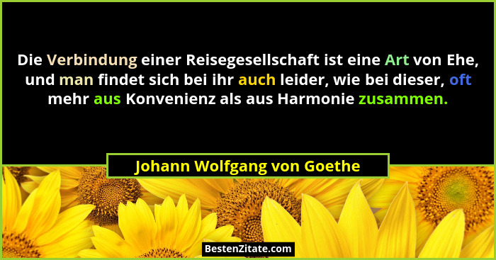 Die Verbindung einer Reisegesellschaft ist eine Art von Ehe, und man findet sich bei ihr auch leider, wie bei dieser, oft... - Johann Wolfgang von Goethe
