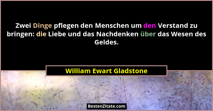 Zwei Dinge pflegen den Menschen um den Verstand zu bringen: die Liebe und das Nachdenken über das Wesen des Geldes.... - William Ewart Gladstone