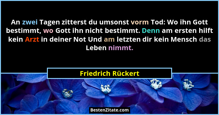 An zwei Tagen zitterst du umsonst vorm Tod: Wo ihn Gott bestimmt, wo Gott ihn nicht bestimmt. Denn am ersten hilft kein Arzt in de... - Friedrich Rückert