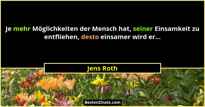 Je mehr Möglichkeiten der Mensch hat, seiner Einsamkeit zu entfliehen, desto einsamer wird er...... - Jens Roth