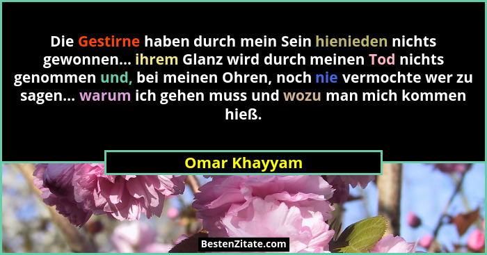 Die Gestirne haben durch mein Sein hienieden nichts gewonnen... ihrem Glanz wird durch meinen Tod nichts genommen und, bei meinen Ohren... - Omar Khayyam