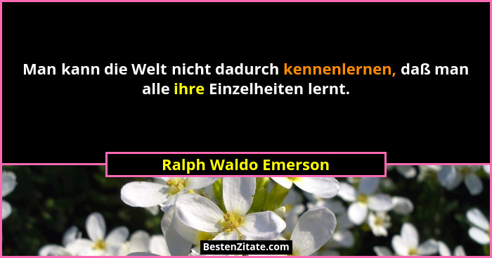 Man kann die Welt nicht dadurch kennenlernen, daß man alle ihre Einzelheiten lernt.... - Ralph Waldo Emerson