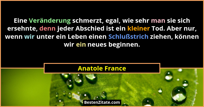 Eine Veränderung schmerzt, egal, wie sehr man sie sich ersehnte, denn jeder Abschied ist ein kleiner Tod. Aber nur, wenn wir unter ei... - Anatole France