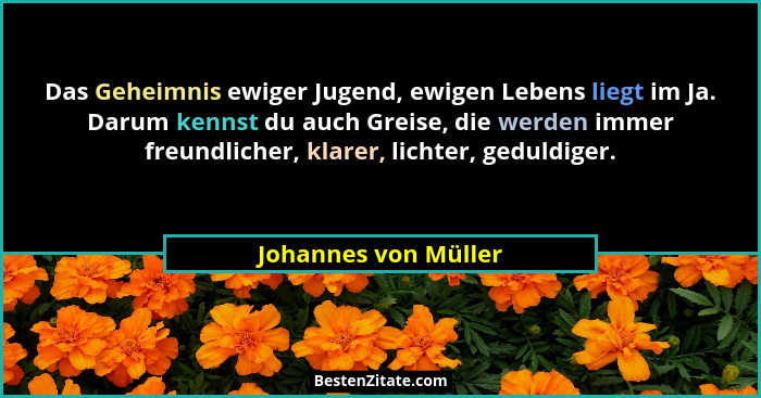 Das Geheimnis ewiger Jugend, ewigen Lebens liegt im Ja. Darum kennst du auch Greise, die werden immer freundlicher, klarer, lich... - Johannes von Müller
