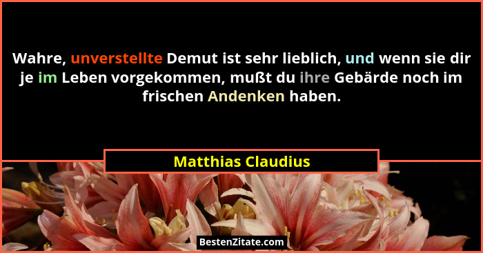 Wahre, unverstellte Demut ist sehr lieblich, und wenn sie dir je im Leben vorgekommen, mußt du ihre Gebärde noch im frischen Anden... - Matthias Claudius