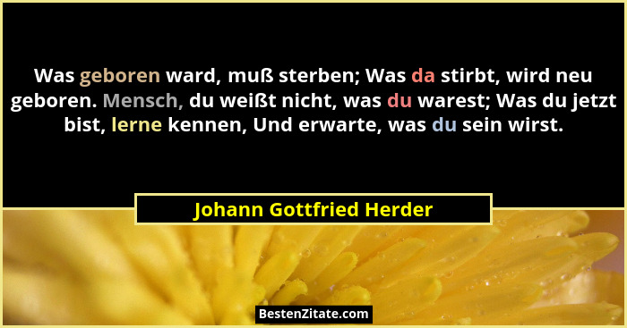 Was geboren ward, muß sterben; Was da stirbt, wird neu geboren. Mensch, du weißt nicht, was du warest; Was du jetzt bist, le... - Johann Gottfried Herder