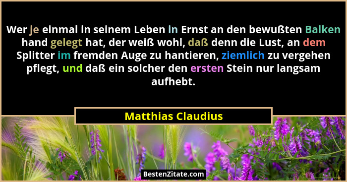 Wer je einmal in seinem Leben in Ernst an den bewußten Balken hand gelegt hat, der weiß wohl, daß denn die Lust, an dem Splitter i... - Matthias Claudius