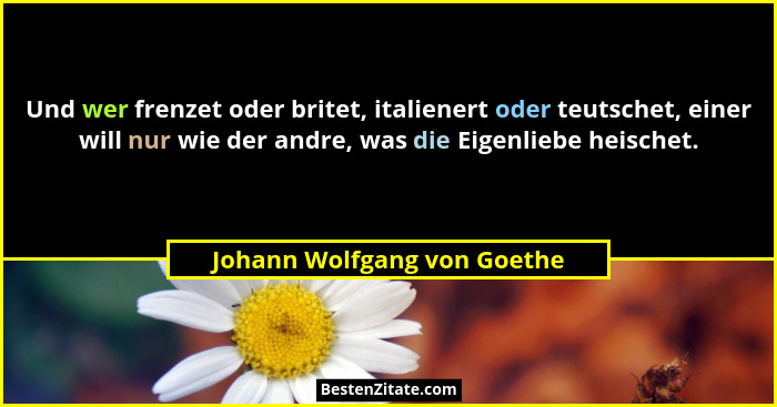 Und wer frenzet oder britet, italienert oder teutschet, einer will nur wie der andre, was die Eigenliebe heischet.... - Johann Wolfgang von Goethe