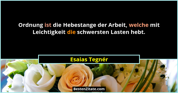 Ordnung ist die Hebestange der Arbeit, welche mit Leichtigkeit die schwersten Lasten hebt.... - Esaias Tegnér