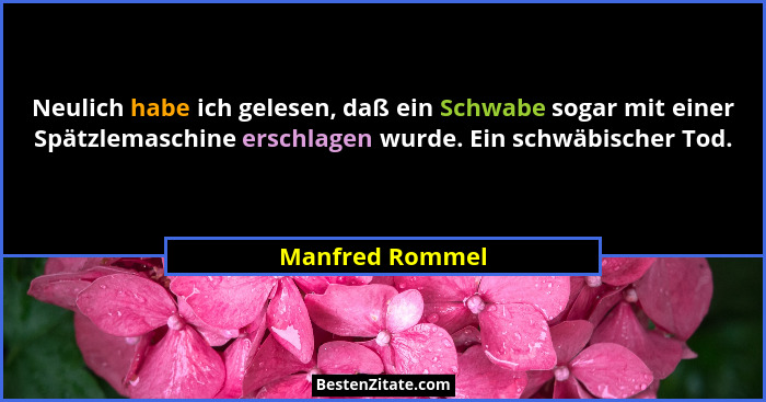 Neulich habe ich gelesen, daß ein Schwabe sogar mit einer Spätzlemaschine erschlagen wurde. Ein schwäbischer Tod.... - Manfred Rommel