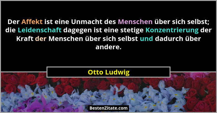 Der Affekt ist eine Unmacht des Menschen über sich selbst; die Leidenschaft dagegen ist eine stetige Konzentrierung der Kraft der Mensch... - Otto Ludwig
