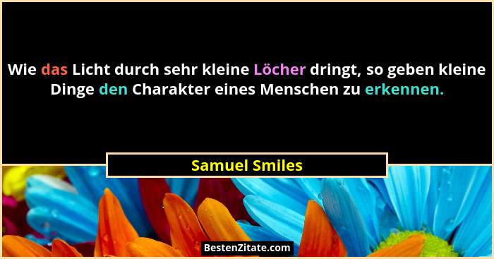 Wie das Licht durch sehr kleine Löcher dringt, so geben kleine Dinge den Charakter eines Menschen zu erkennen.... - Samuel Smiles