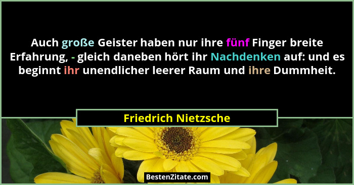 Auch große Geister haben nur ihre fünf Finger breite Erfahrung, - gleich daneben hört ihr Nachdenken auf: und es beginnt ihr une... - Friedrich Nietzsche