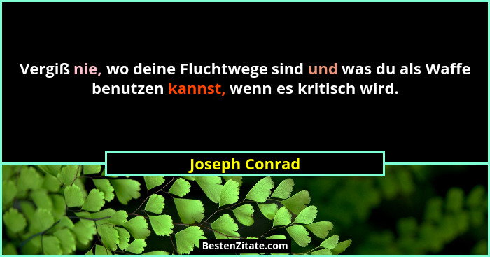 Vergiß nie, wo deine Fluchtwege sind und was du als Waffe benutzen kannst, wenn es kritisch wird.... - Joseph Conrad