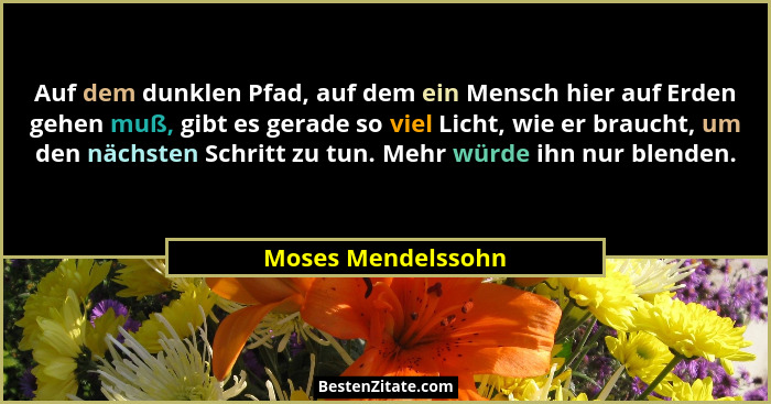 Auf dem dunklen Pfad, auf dem ein Mensch hier auf Erden gehen muß, gibt es gerade so viel Licht, wie er braucht, um den nächsten S... - Moses Mendelssohn