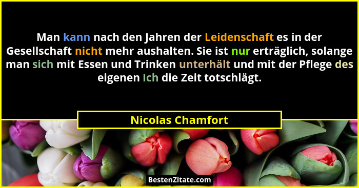 Man kann nach den Jahren der Leidenschaft es in der Gesellschaft nicht mehr aushalten. Sie ist nur erträglich, solange man sich mit... - Nicolas Chamfort