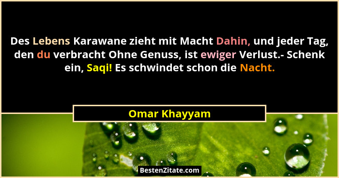 Des Lebens Karawane zieht mit Macht Dahin, und jeder Tag, den du verbracht Ohne Genuss, ist ewiger Verlust.- Schenk ein, Saqi! Es schwi... - Omar Khayyam