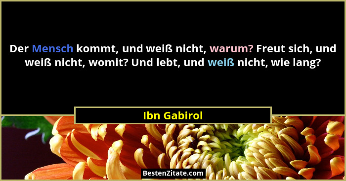 Der Mensch kommt, und weiß nicht, warum? Freut sich, und weiß nicht, womit? Und lebt, und weiß nicht, wie lang?... - Ibn Gabirol