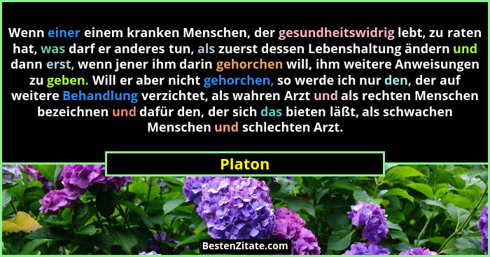 Wenn einer einem kranken Menschen, der gesundheitswidrig lebt, zu raten hat, was darf er anderes tun, als zuerst dessen Lebenshaltung ändern... - Platon