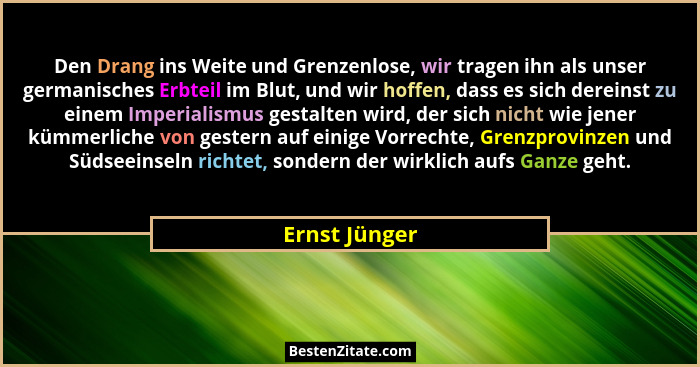 Den Drang ins Weite und Grenzenlose, wir tragen ihn als unser germanisches Erbteil im Blut, und wir hoffen, dass es sich dereinst zu ei... - Ernst Jünger