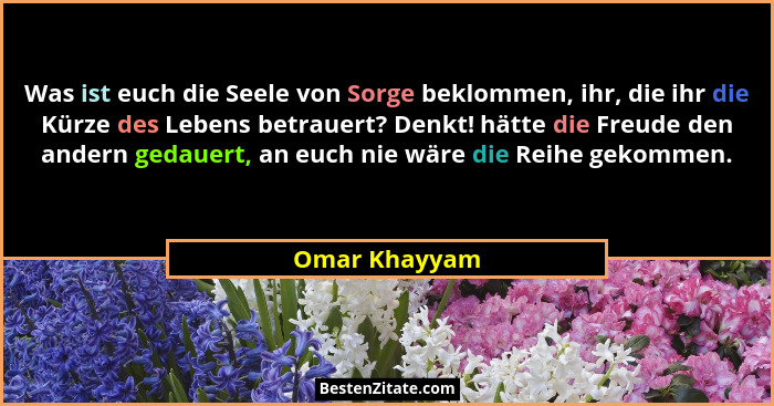Was ist euch die Seele von Sorge beklommen, ihr, die ihr die Kürze des Lebens betrauert? Denkt! hätte die Freude den andern gedauert, a... - Omar Khayyam