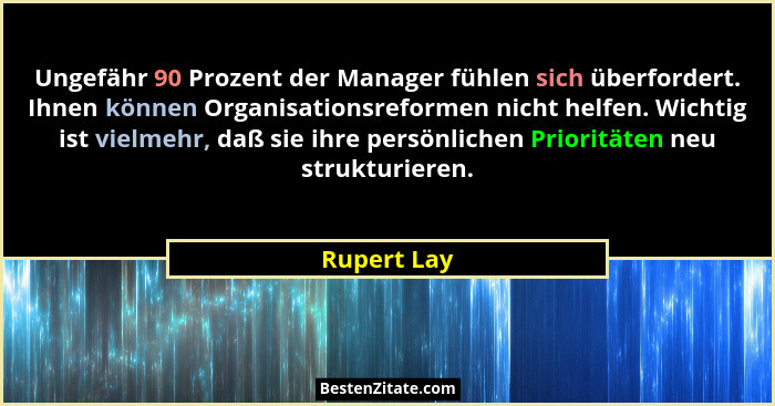 Ungefähr 90 Prozent der Manager fühlen sich überfordert. Ihnen können Organisationsreformen nicht helfen. Wichtig ist vielmehr, daß sie i... - Rupert Lay