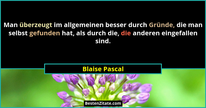 Man überzeugt im allgemeinen besser durch Gründe, die man selbst gefunden hat, als durch die, die anderen eingefallen sind.... - Blaise Pascal