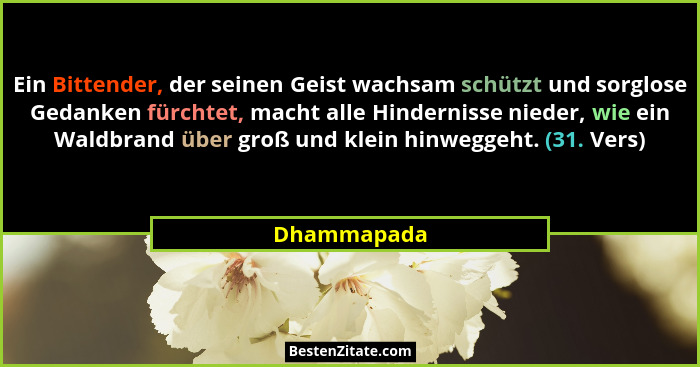 Ein Bittender, der seinen Geist wachsam schützt und sorglose Gedanken fürchtet, macht alle Hindernisse nieder, wie ein Waldbrand über gro... - Dhammapada