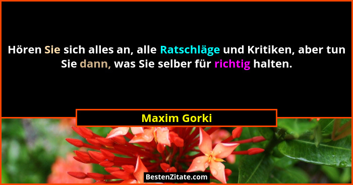 Hören Sie sich alles an, alle Ratschläge und Kritiken, aber tun Sie dann, was Sie selber für richtig halten.... - Maxim Gorki