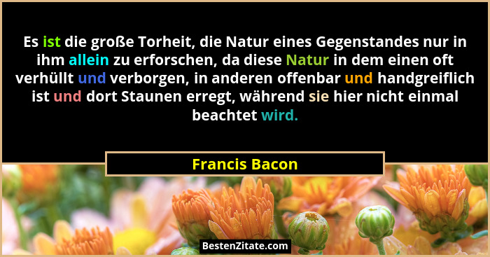 Es ist die große Torheit, die Natur eines Gegenstandes nur in ihm allein zu erforschen, da diese Natur in dem einen oft verhüllt und v... - Francis Bacon