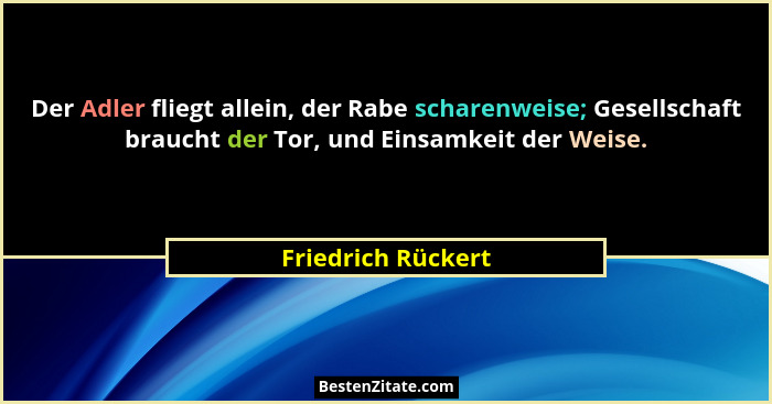 Der Adler fliegt allein, der Rabe scharenweise; Gesellschaft braucht der Tor, und Einsamkeit der Weise.... - Friedrich Rückert