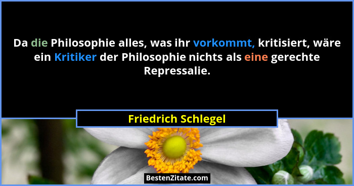 Da die Philosophie alles, was ihr vorkommt, kritisiert, wäre ein Kritiker der Philosophie nichts als eine gerechte Repressalie.... - Friedrich Schlegel