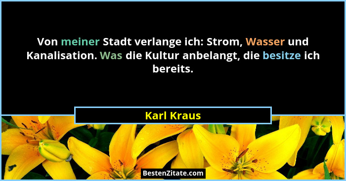 Von meiner Stadt verlange ich: Strom, Wasser und Kanalisation. Was die Kultur anbelangt, die besitze ich bereits.... - Karl Kraus
