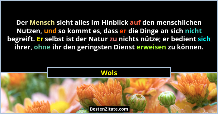 Der Mensch sieht alles im Hinblick auf den menschlichen Nutzen, und so kommt es, dass er die Dinge an sich nicht begreift. Er selbst ist der Na... - Wols