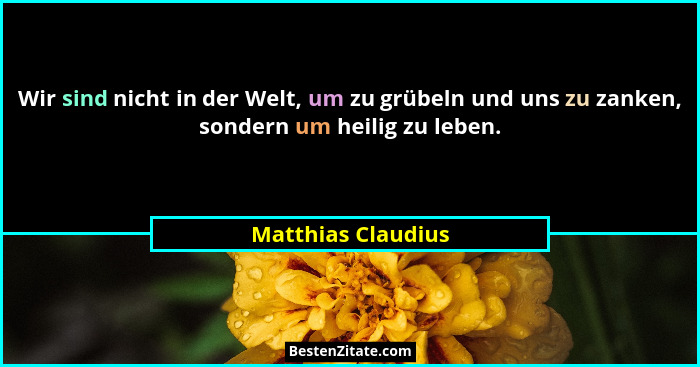 Wir sind nicht in der Welt, um zu grübeln und uns zu zanken, sondern um heilig zu leben.... - Matthias Claudius