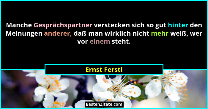 Manche Gesprächspartner verstecken sich so gut hinter den Meinungen anderer, daß man wirklich nicht mehr weiß, wer vor einem steht.... - Ernst Ferstl