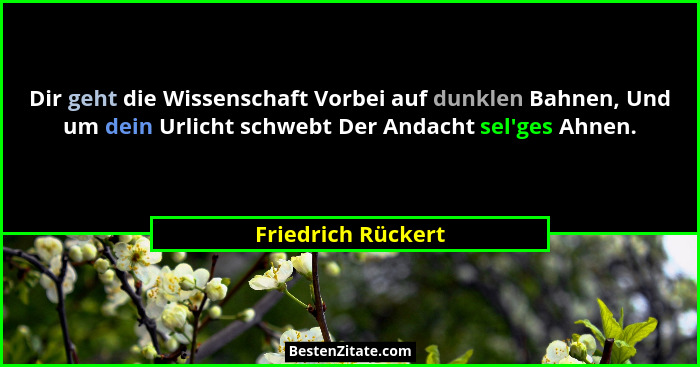 Dir geht die Wissenschaft Vorbei auf dunklen Bahnen, Und um dein Urlicht schwebt Der Andacht sel'ges Ahnen.... - Friedrich Rückert