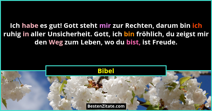 Ich habe es gut! Gott steht mir zur Rechten, darum bin ich ruhig in aller Unsicherheit. Gott, ich bin fröhlich, du zeigst mir den Weg zum Lebe... - Bibel