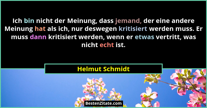 Ich bin nicht der Meinung, dass jemand, der eine andere Meinung hat als ich, nur deswegen kritisiert werden muss. Er muss dann kritis... - Helmut Schmidt