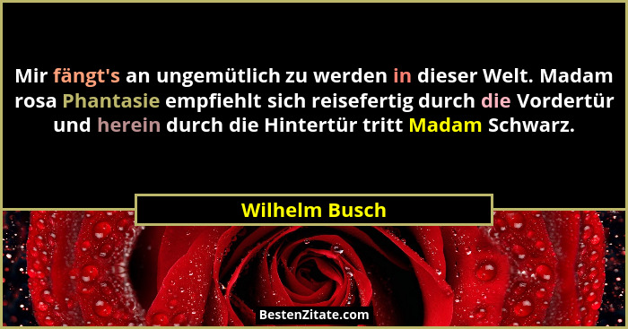 Mir fängt's an ungemütlich zu werden in dieser Welt. Madam rosa Phantasie empfiehlt sich reisefertig durch die Vordertür und herei... - Wilhelm Busch