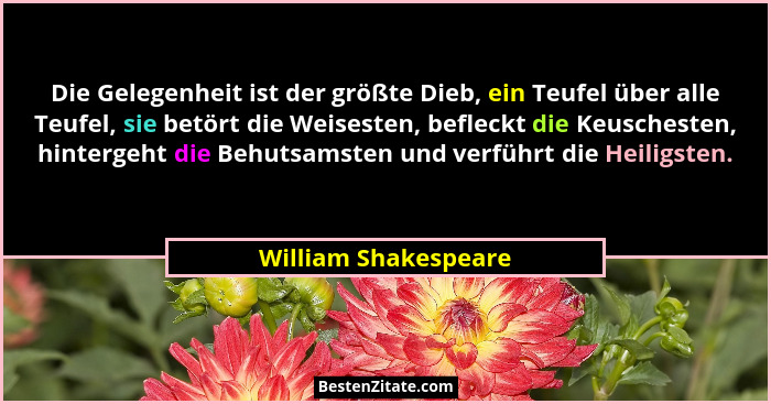 Die Gelegenheit ist der größte Dieb, ein Teufel über alle Teufel, sie betört die Weisesten, befleckt die Keuschesten, hintergeht... - William Shakespeare