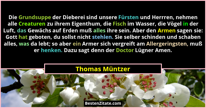 Die Grundsuppe der Dieberei sind unsere Fürsten und Herrren, nehmen alle Creaturen zu ihrem Eigenthum, die Fisch im Wasser, die Vögel... - Thomas Müntzer