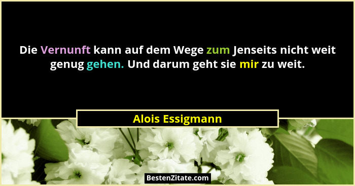 Die Vernunft kann auf dem Wege zum Jenseits nicht weit genug gehen. Und darum geht sie mir zu weit.... - Alois Essigmann