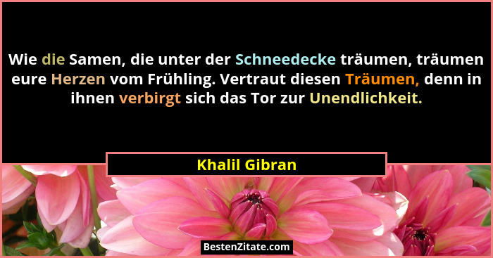 Wie die Samen, die unter der Schneedecke träumen, träumen eure Herzen vom Frühling. Vertraut diesen Träumen, denn in ihnen verbirgt si... - Khalil Gibran