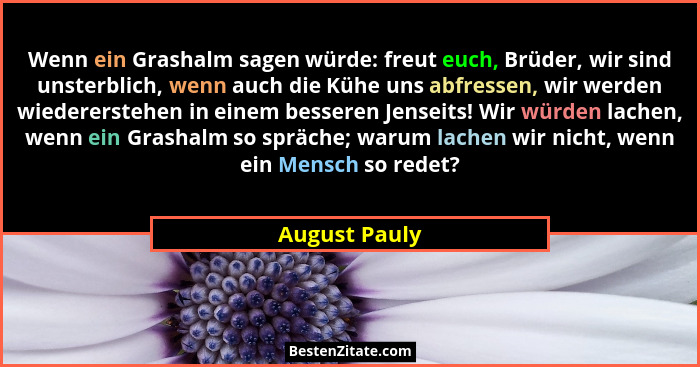 Wenn ein Grashalm sagen würde: freut euch, Brüder, wir sind unsterblich, wenn auch die Kühe uns abfressen, wir werden wiedererstehen in... - August Pauly