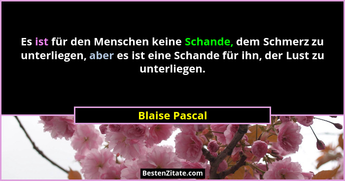 Es ist für den Menschen keine Schande, dem Schmerz zu unterliegen, aber es ist eine Schande für ihn, der Lust zu unterliegen.... - Blaise Pascal